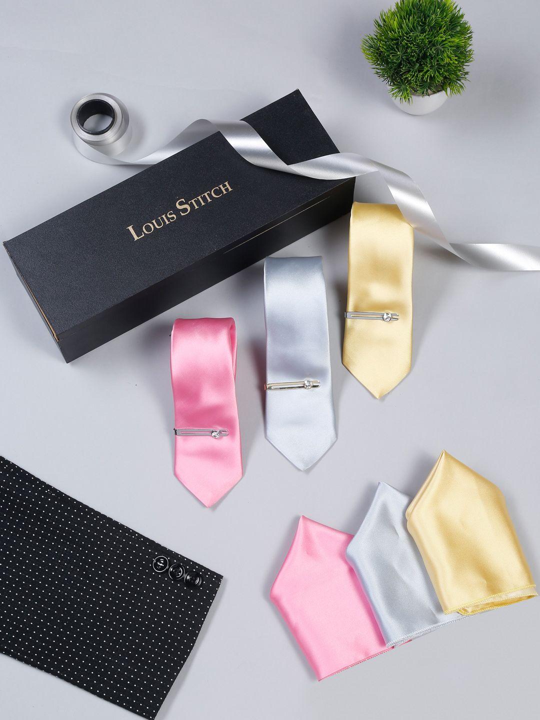 louis stitch men pack of 3 italian silk necktie combo with pocket square and tie pin