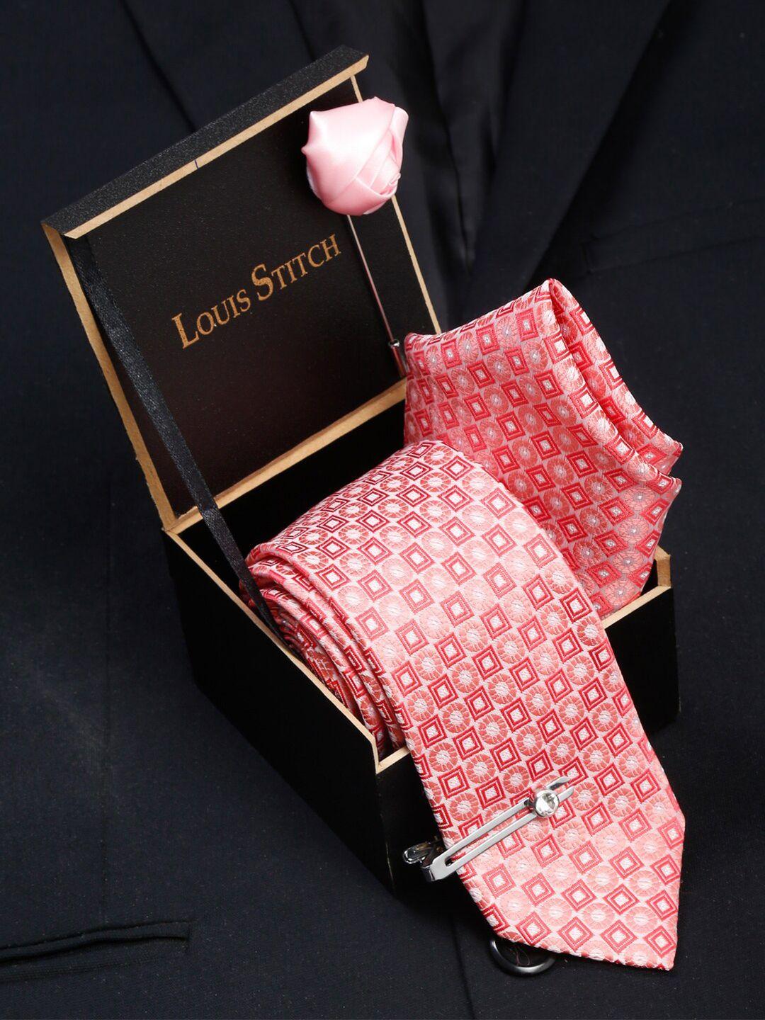 louis stitch men peach-coloured & pink printed skinny tie