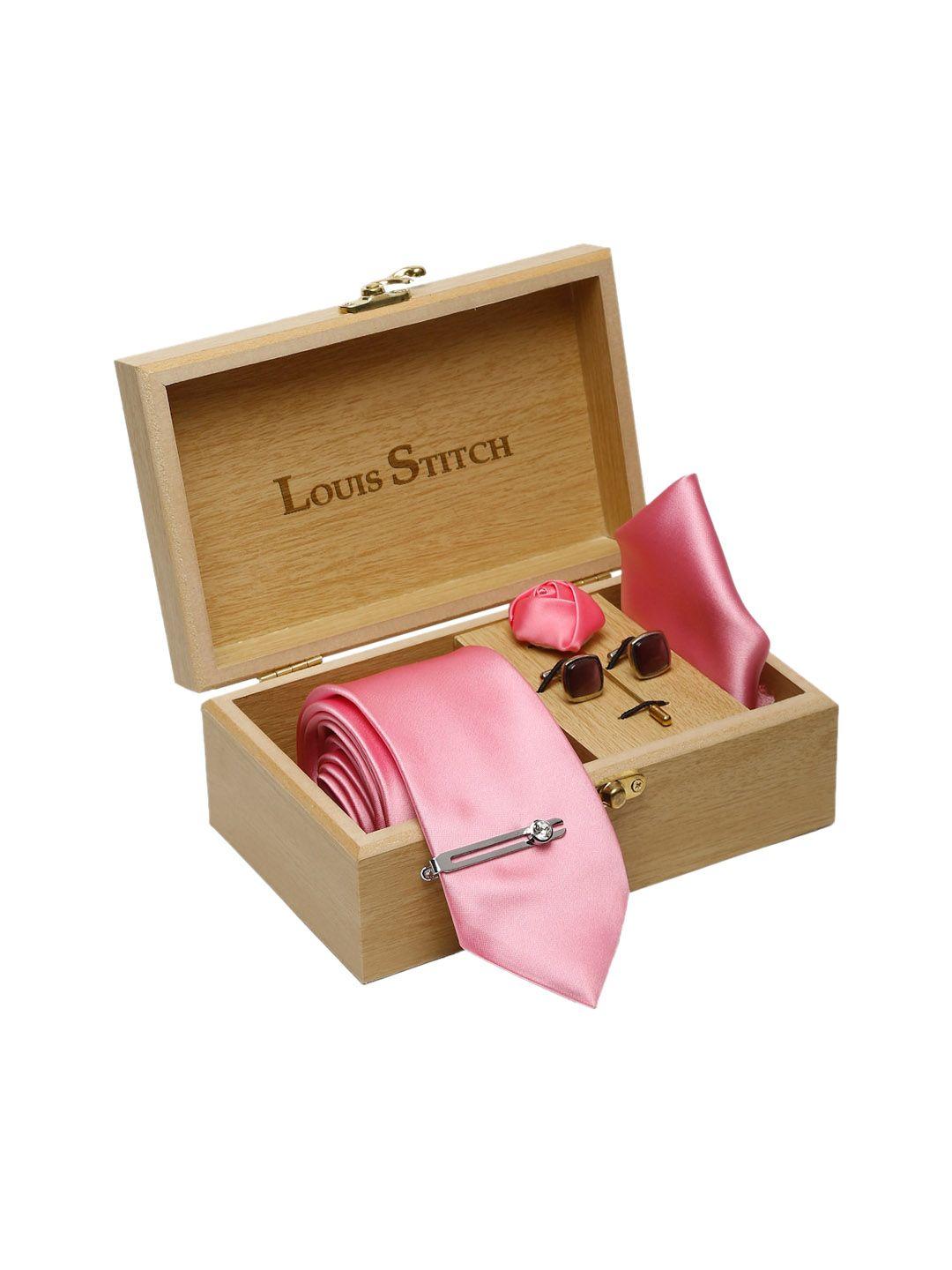 louis stitch men pink solid italian silk accessory gift set