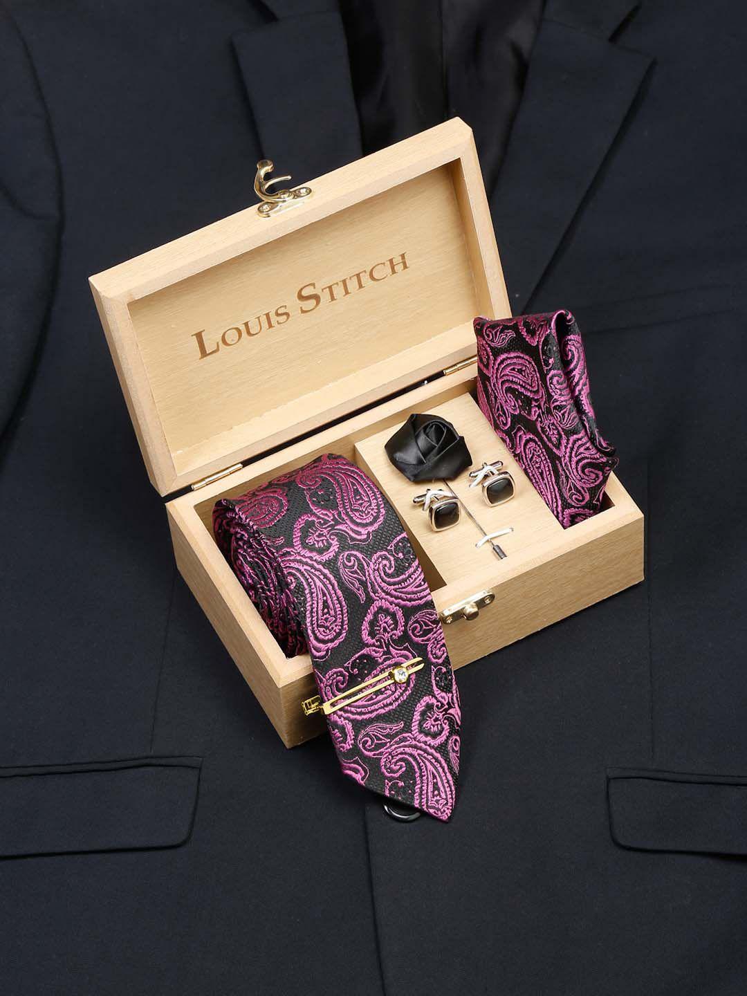 louis stitch men printed italian silk necktie cufflinks pocket square & lapel pin set