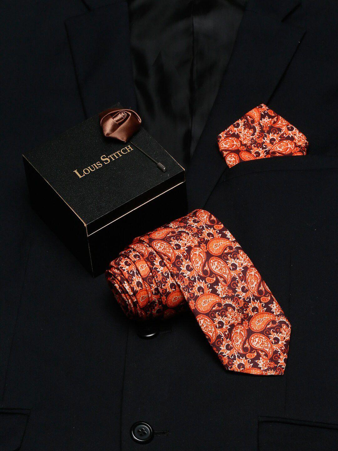 louis stitch men red & orange printed italian silk accessory gift set