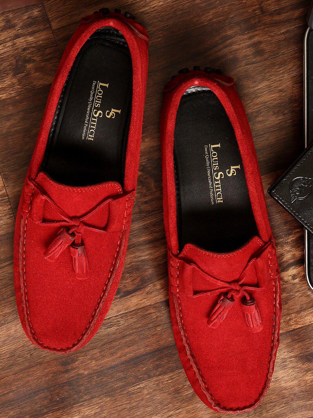 louis stitch men red textured suede driving shoes