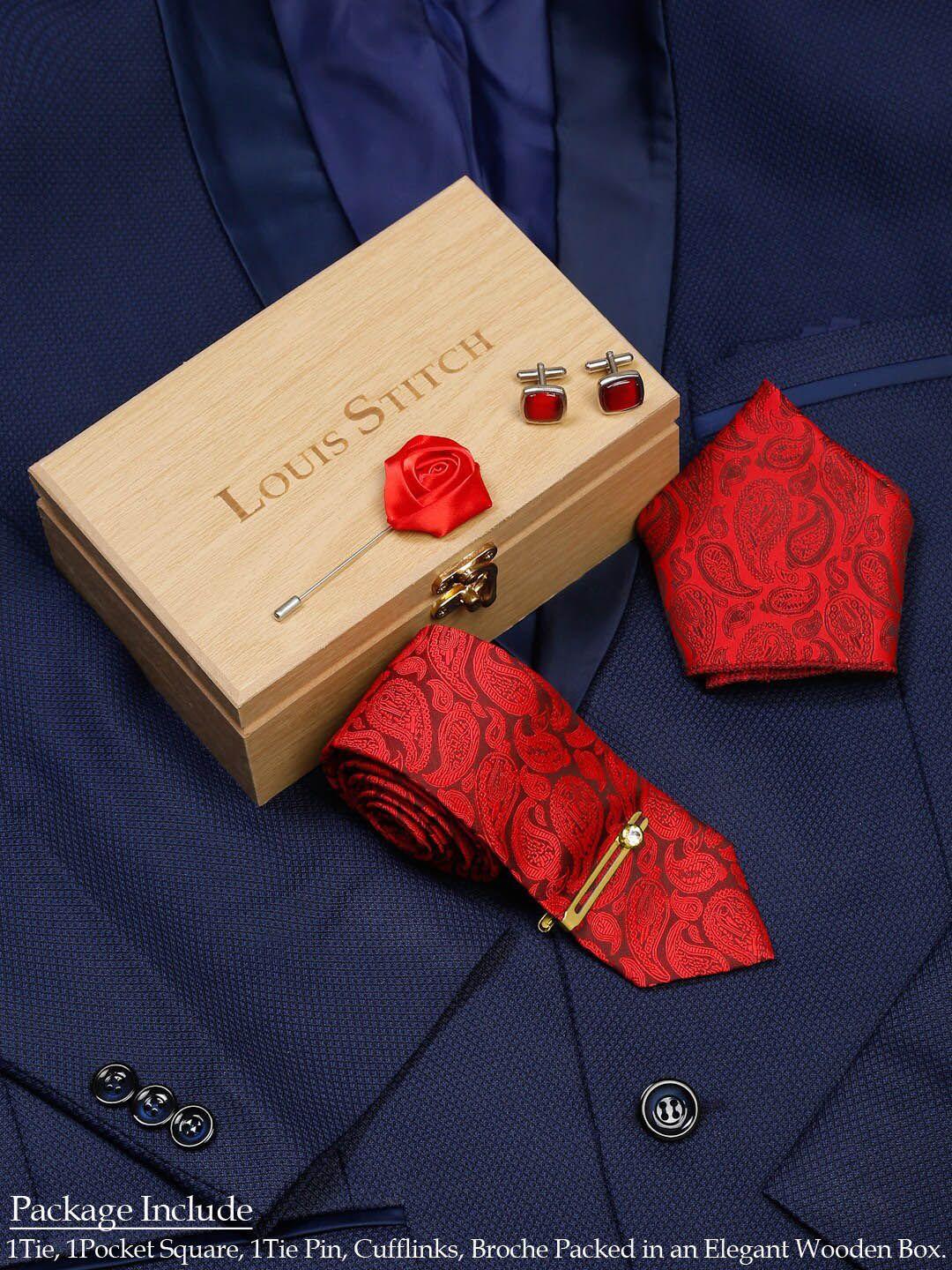 louis stitch men red woven design accessory gift set