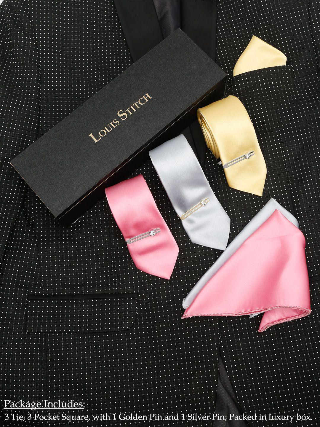 louis stitch men set of 3 italian silk necktie combo with pocket square & 2 tie pins