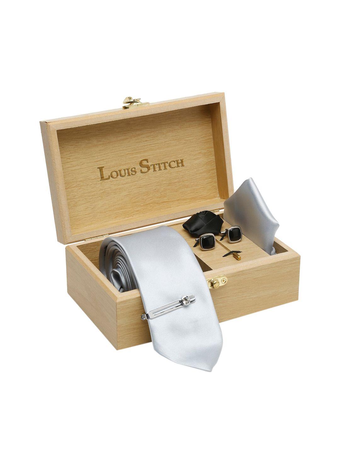 louis stitch men silver-coloured & black solid italian silk accessory gift set