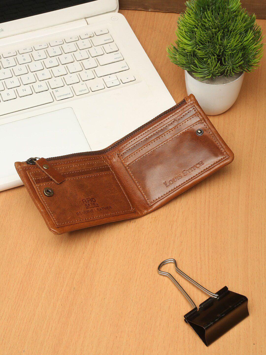 louis stitch men tan textured zip detail leather two fold wallet