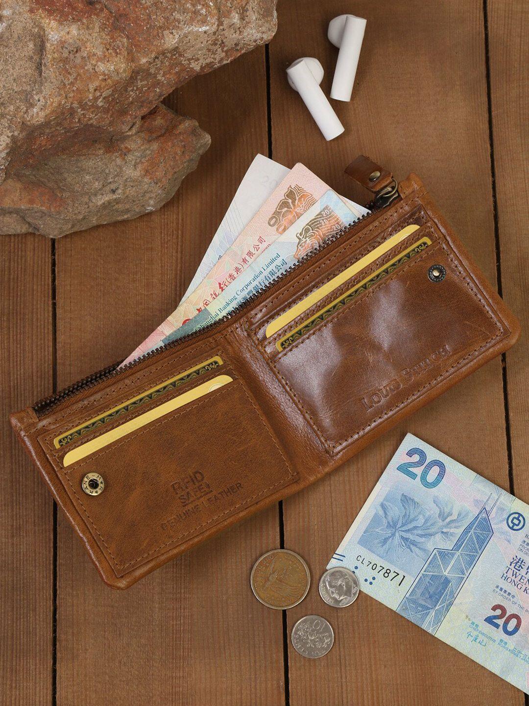 louis stitch men tan zip detail leather two fold wallet