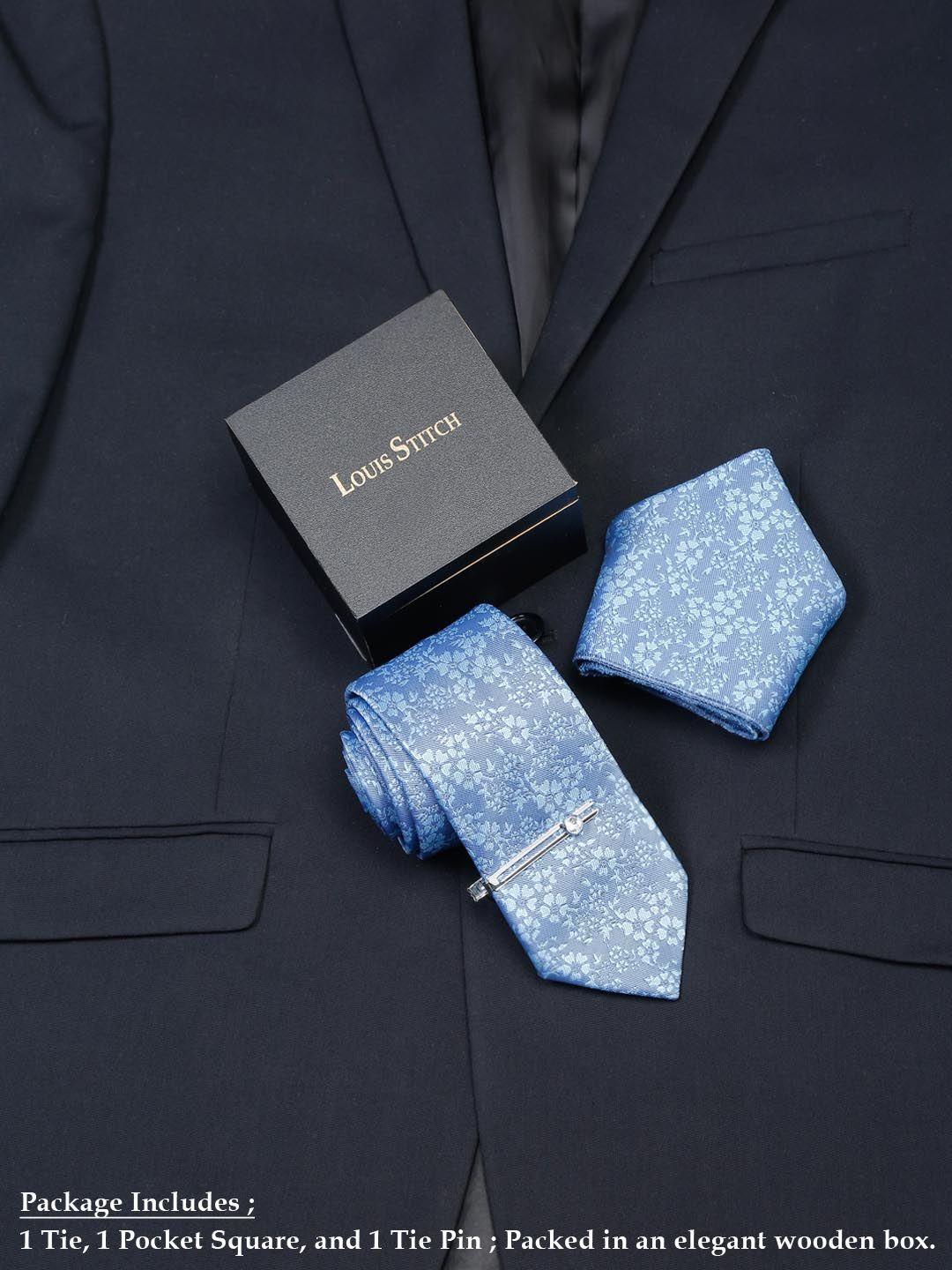 louis stitch men turquoise blue italian silk necktie accessory gift set