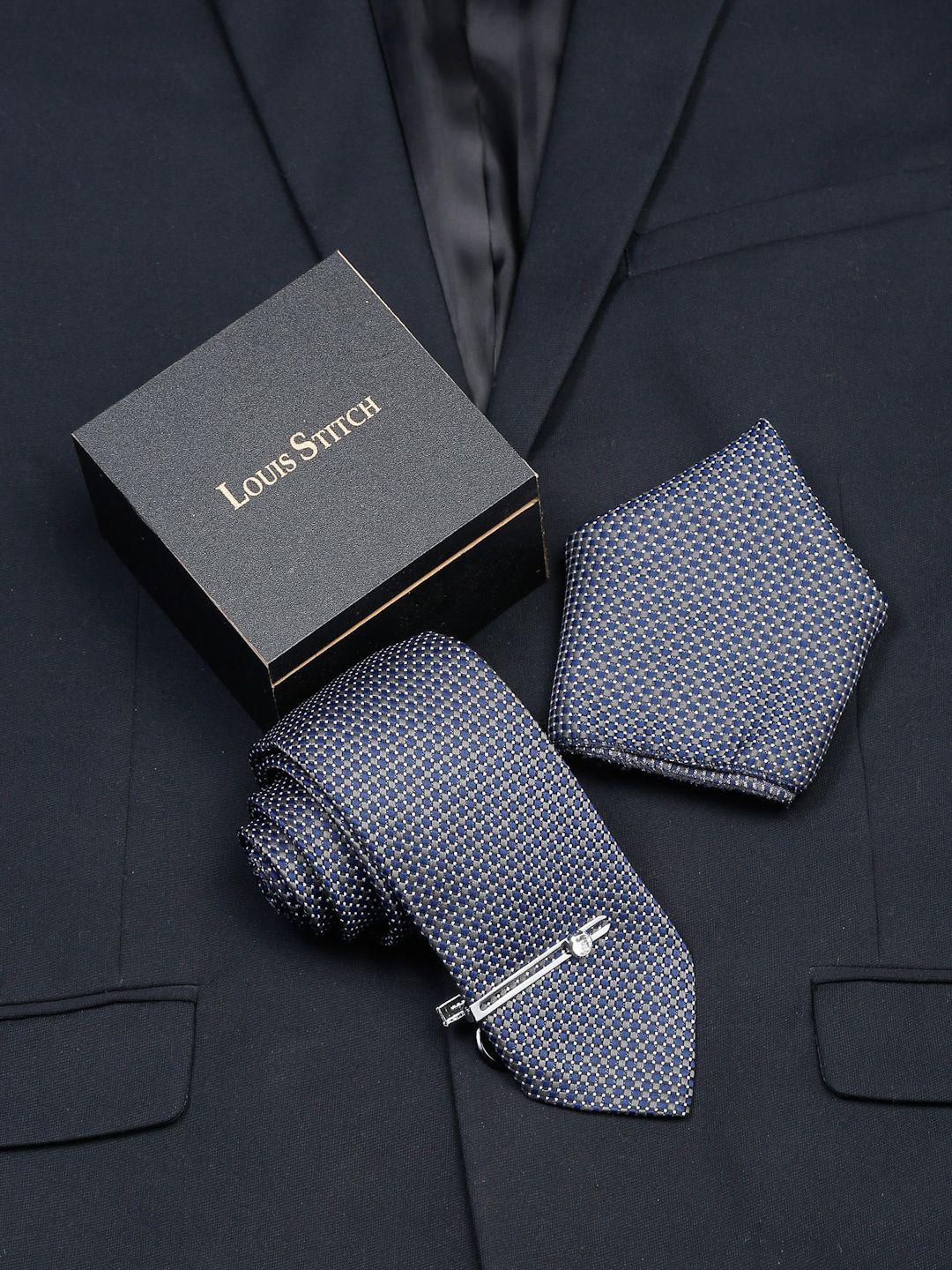 louis stitch men woven design broad tie with crome pin & pocket square