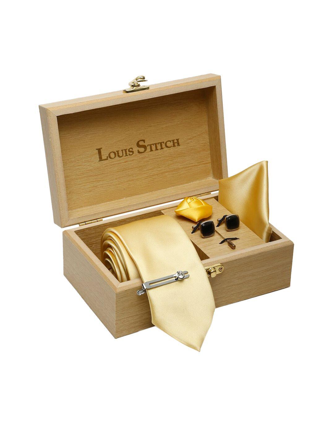 louis stitch men yellow & silver-toned solid italian silk accessory gift set