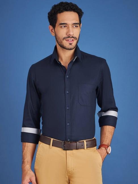 louis stitch navy blue cotton regular fit texture shirt