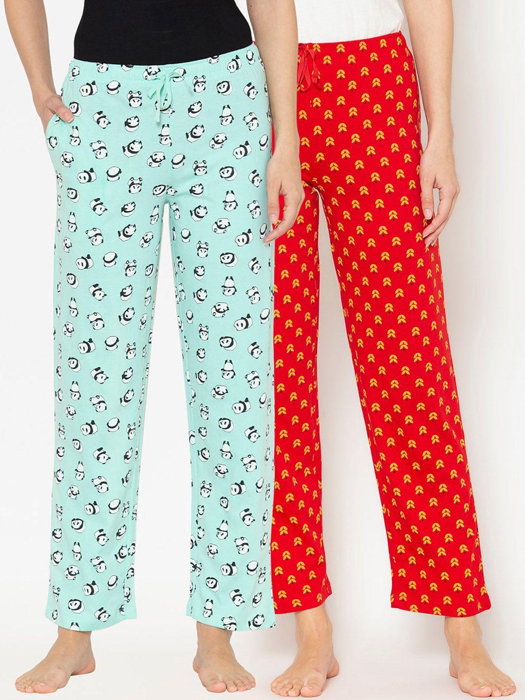 lounge dreams women pack of 2 red & blue printed pure cotton lounge pants