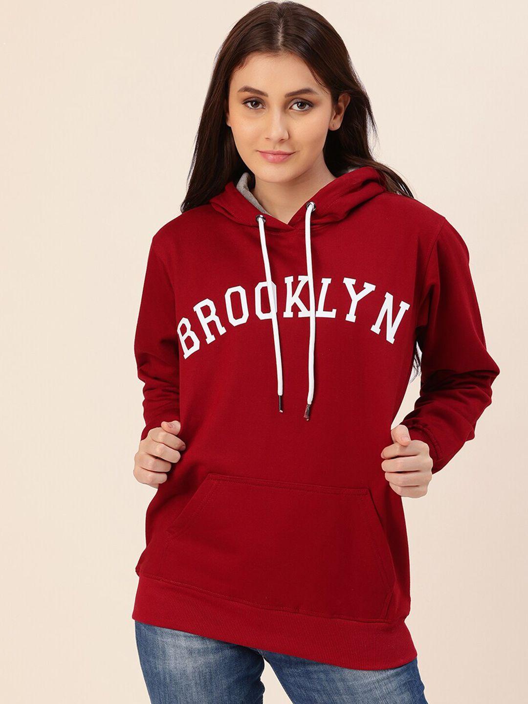 lounge dreams women maroon printed hooded cotton sweatshirt