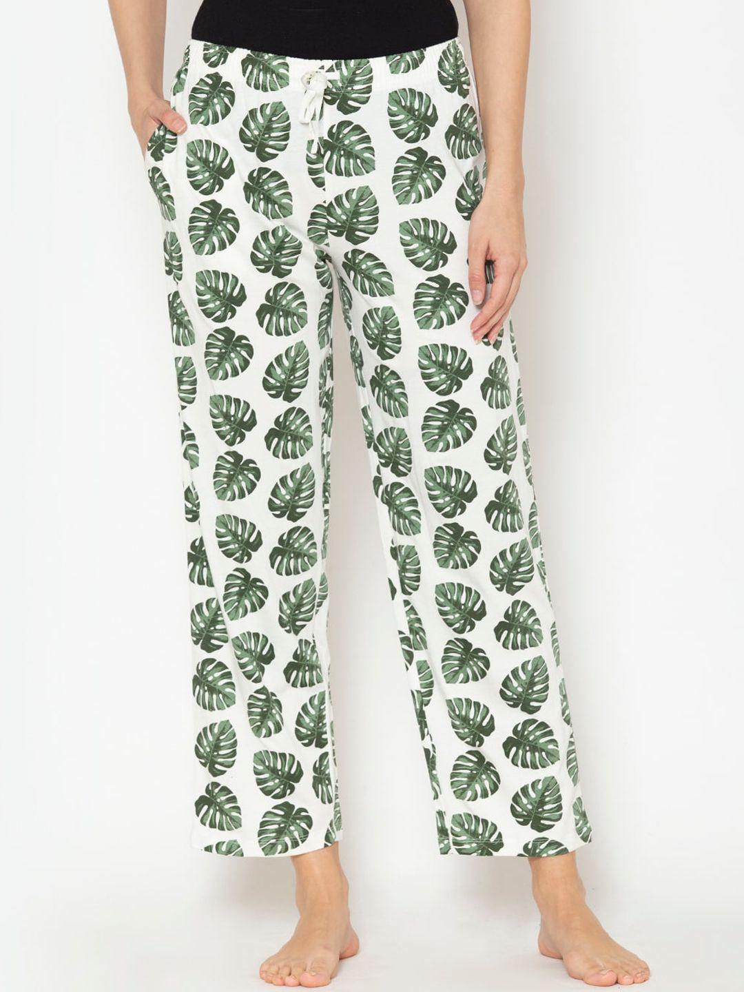 lounge dreams women off white & green printed pure cotton lounge pants