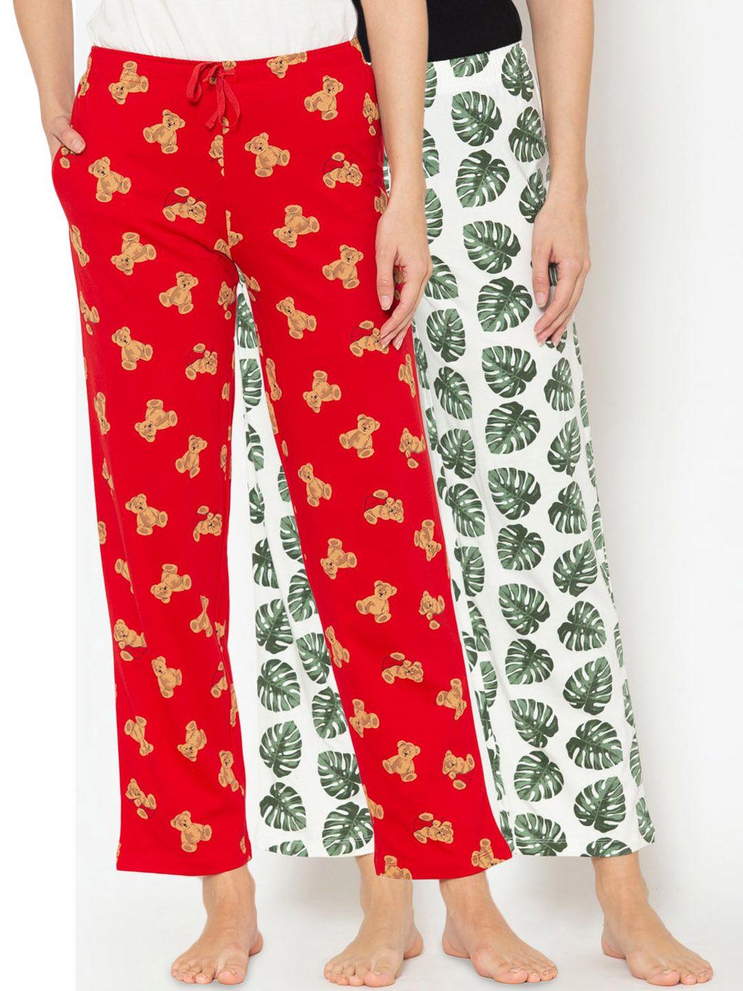 lounge dreams women pack of 2 white & red printed pure cotton lounge pants