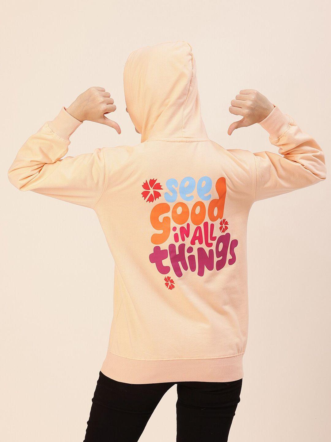 lounge dreams women peach-coloured printed cotton hooded sweatshirt