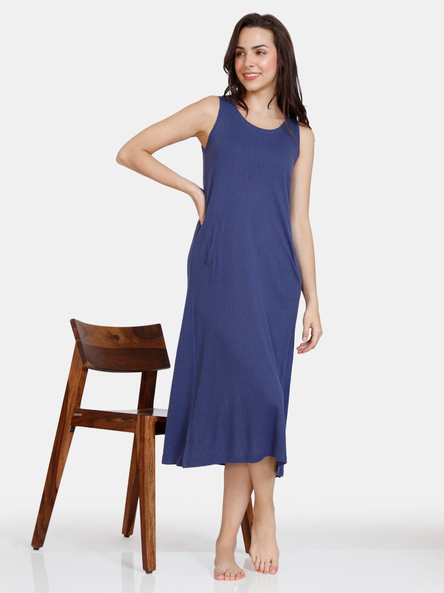 lounge knit poly loungewear dress - deep cobalt blue