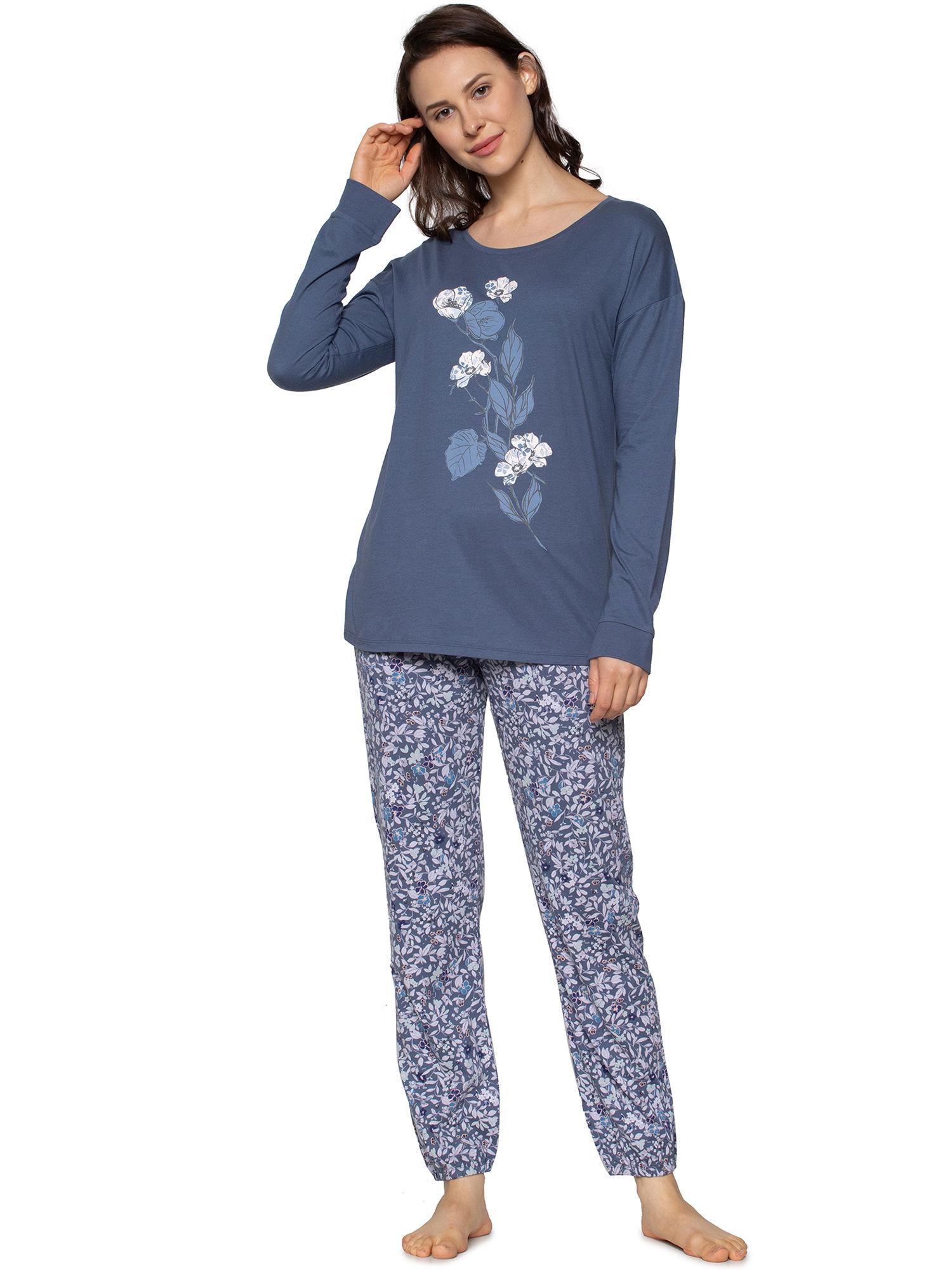 lounge me 10 x long sleeve soft sustainable pyjama set - blue