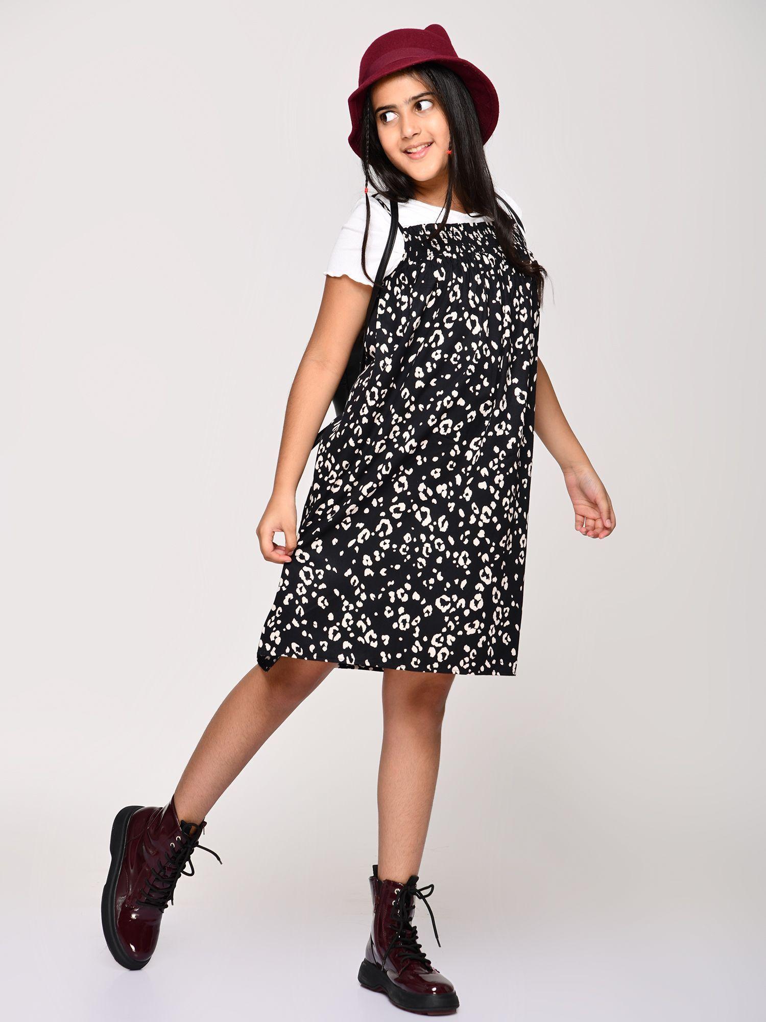 lounging leopard black dress with smocking detail