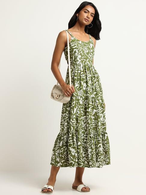 lov by westside green floral print blended linen midi dress