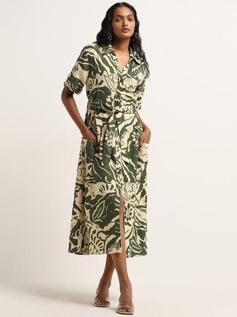 lov by westside beige & olive printed blended linen shirt dress