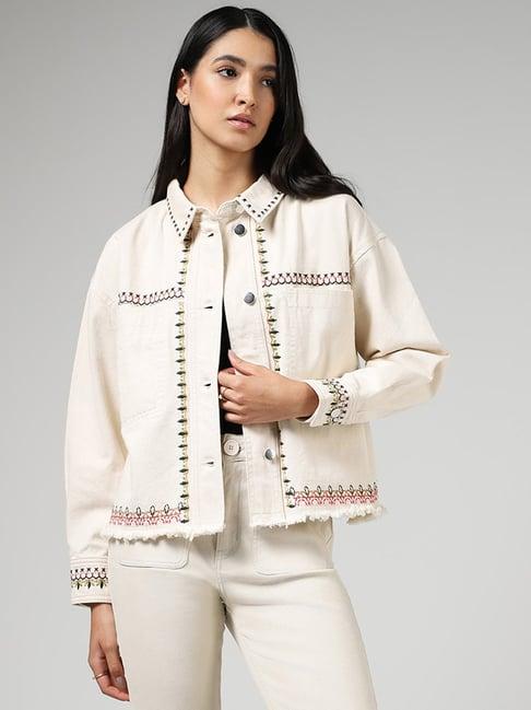 lov by westside beige embroidered denim jacket