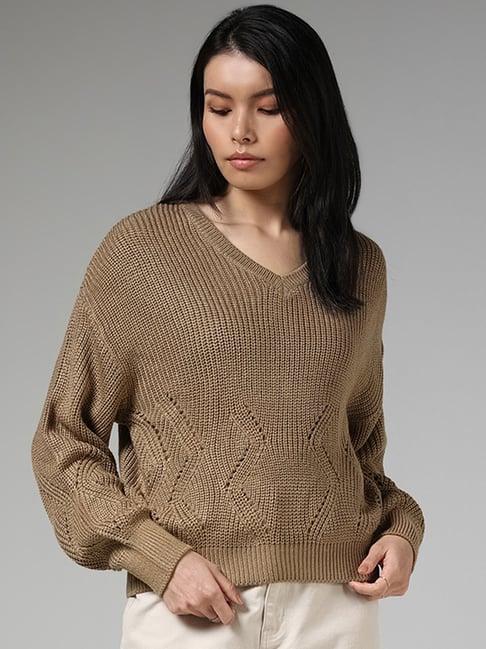 lov by westside beige knitted drop shoulder sweater