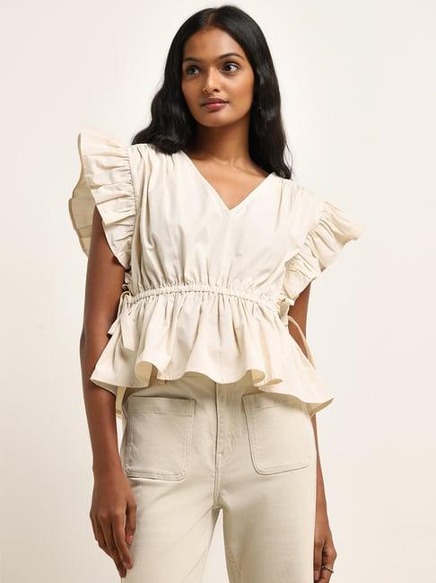 lov by westside beige ruffle-detailed peplum cotton top