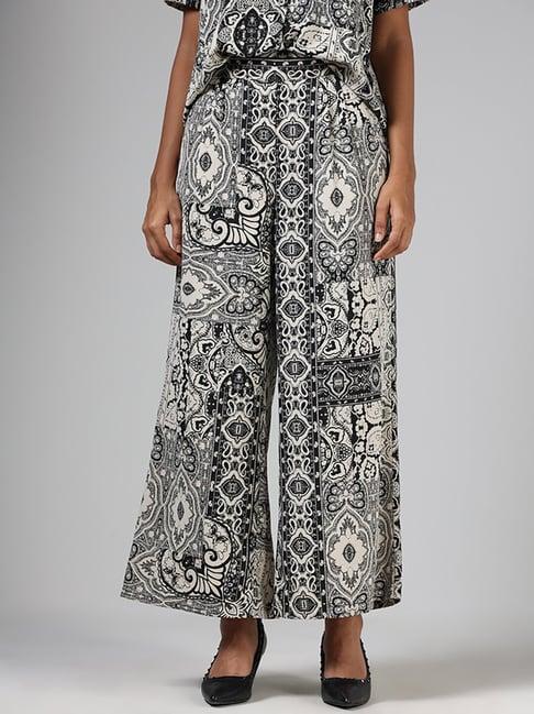 lov by westside black & white paisley abstract print wide-leg trousers