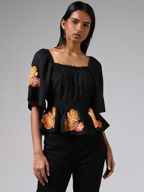 lov by westside black floral embroidered shirred top