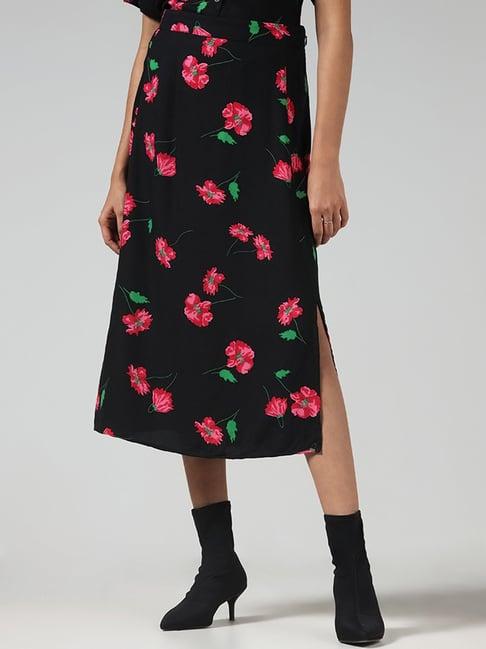 lov by westside black floral printed skirt