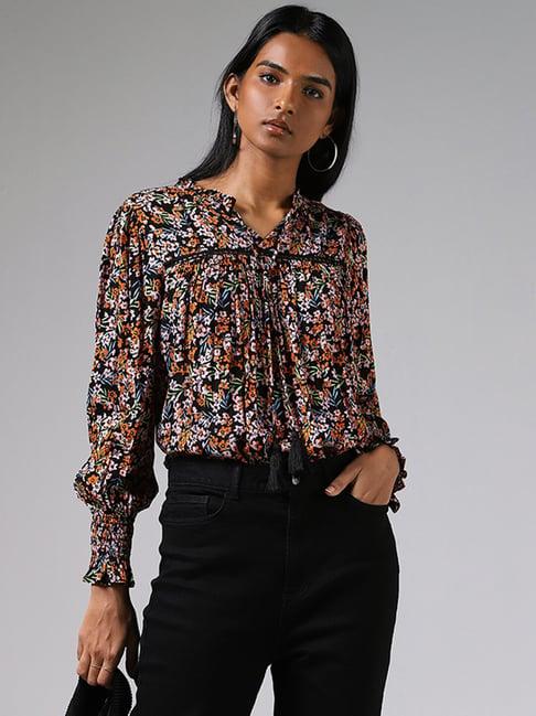 lov by westside black floral printed tie-up top