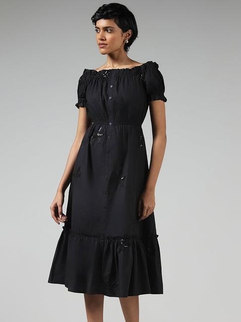 lov by westside black floral sequin embroidered off-shoulder dress
