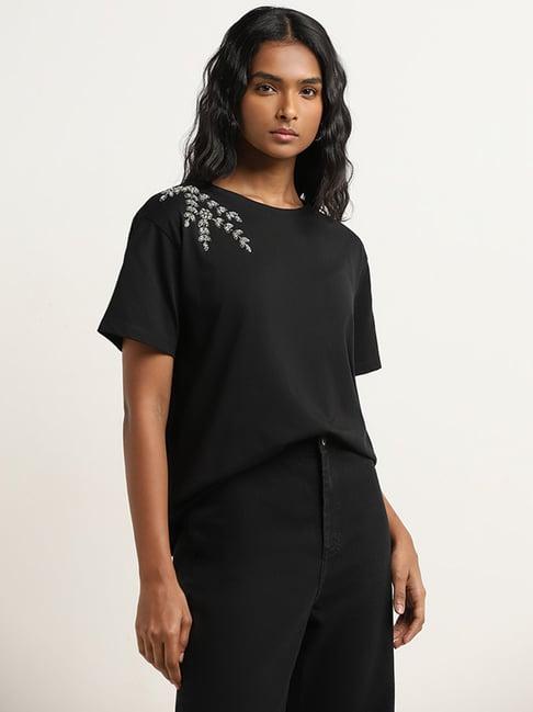 lov by westside black leaf embellished cotton t-shirt