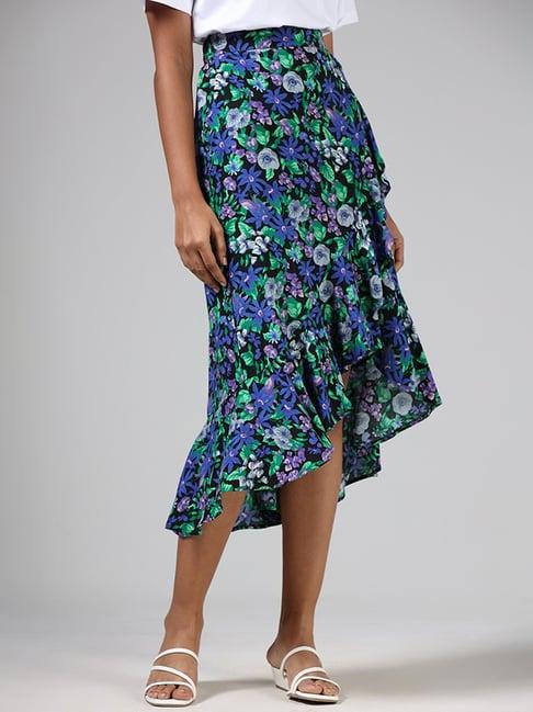 lov by westside black multicolored floral printed asymmetric skirt