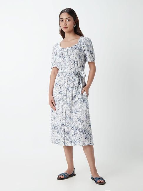 lov by westside blue floral-printed dress with belt