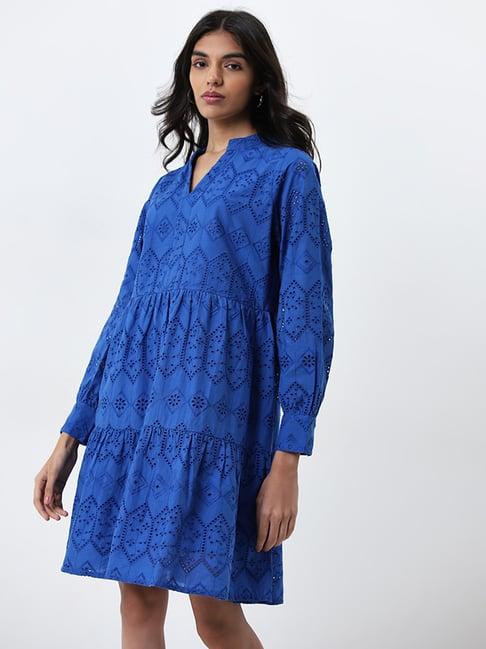 lov by westside blue schiffli design a-line cotton dress