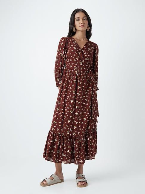 lov by westside brown floral-patterned dress