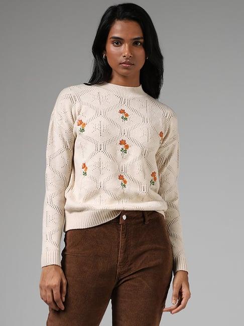lov by westside cream floral embroidered knitted sweater