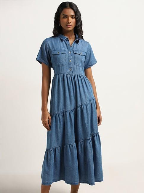 lov by westside dark blue asymmetrical tiered shirt dress