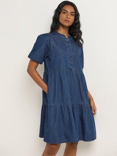 lov by westside dark blue diamante detailed denim tiered dress