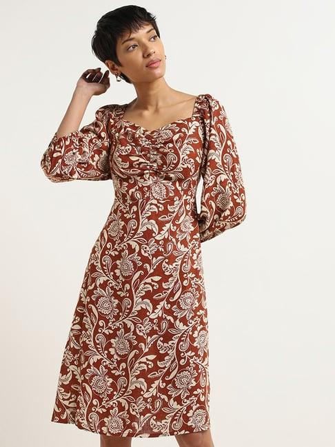 lov by westside dark rust printed crepe a-line dress