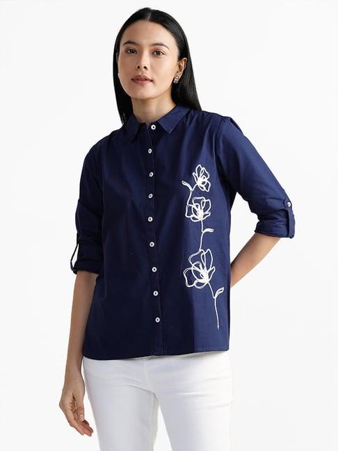 lov by westside floral embroidered navy blue shirt