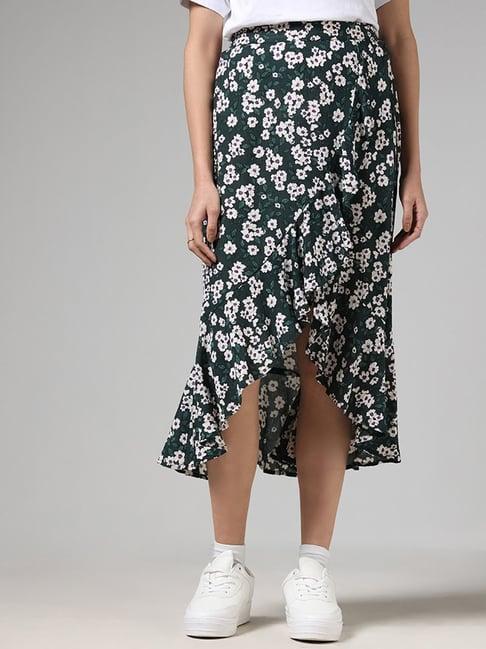 lov by westside forest green floral printed asymmetric skirt