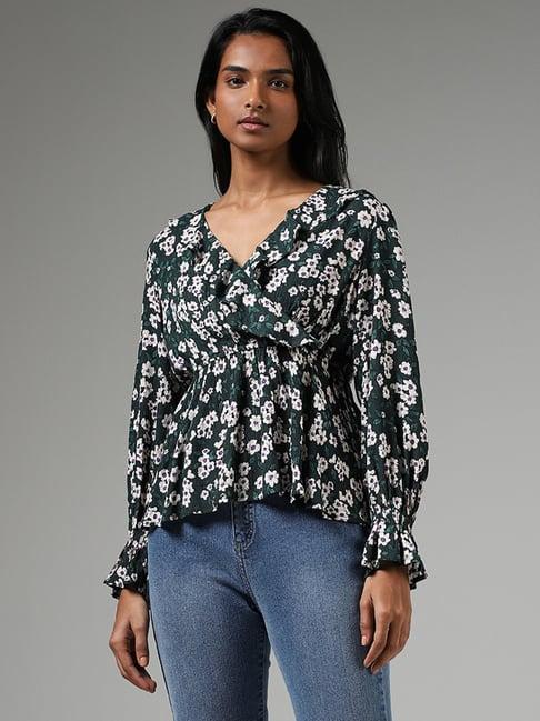 lov by westside forest green floral printed gathered top