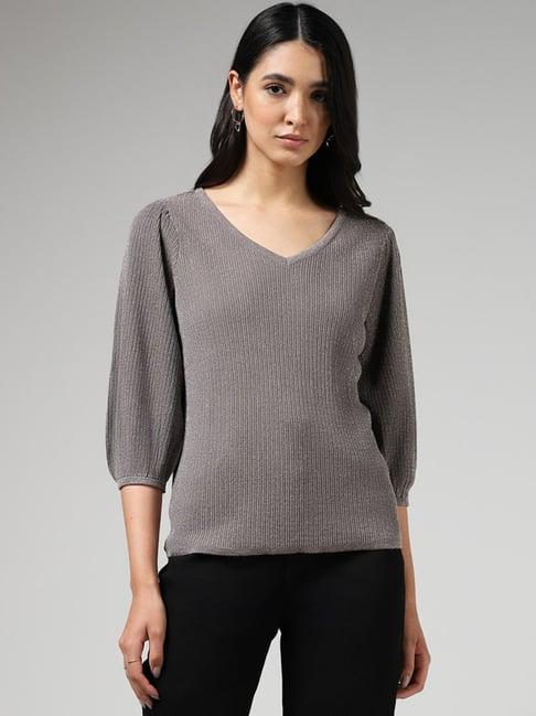 lov by westside grey fluted shimmer sweater