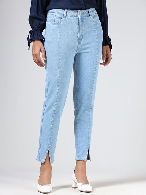 lov by westside light blue front-seam split-hem denim jeans