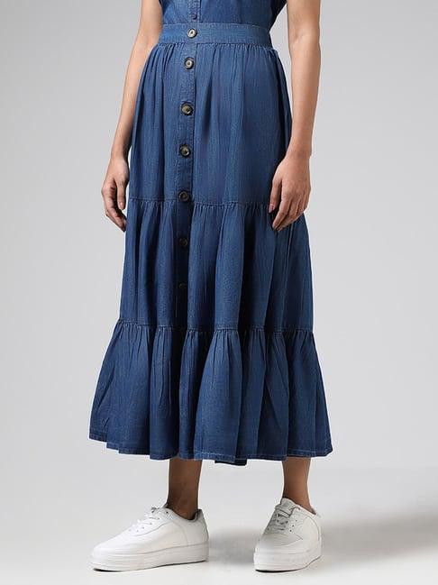 lov by westside mid blue buttoned-down tiered skirt