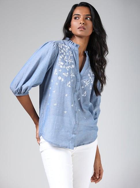 lov by westside mid blue floral embroidered shirt