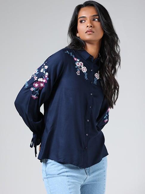 lov by westside navy blue floral embroidered shirt